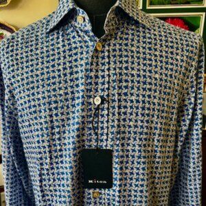 Kiton Luxury Blue Houndstooth Pattern Cotton Dress/Sport Shirt Sz Large, RT $800